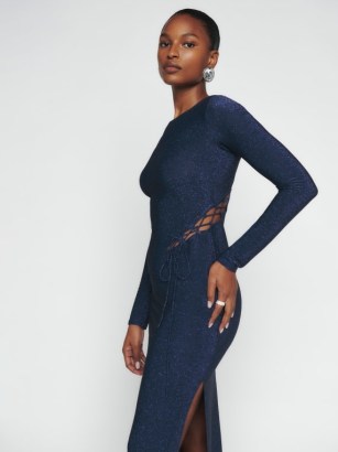 Reformation Kinsey Knit Dress in Midnight Sparkle – blue slim fit cut out occasion dresses – high slit – sparkling evening fashion