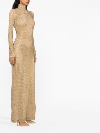 LaQuan Smith studded mesh mock-neck gown in gold tone ~ long sleeve high neck metallic gowns ~ luxe maxi dresses - flipped