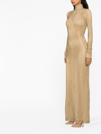LaQuan Smith studded mesh mock-neck gown in gold tone ~ long sleeve high neck metallic gowns ~ luxe maxi dresses