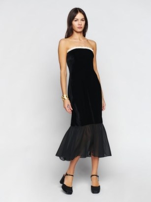 Reformation Le Marais Velvet Dress in Black ~ fitted strapless ruffle hem occasion dresses ~ ruffled bandeau neckline ~ luxe evening fashion - flipped