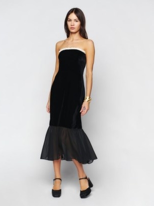 Reformation Le Marais Velvet Dress in Black ~ fitted strapless ruffle hem occasion dresses ~ ruffled bandeau neckline ~ luxe evening fashion