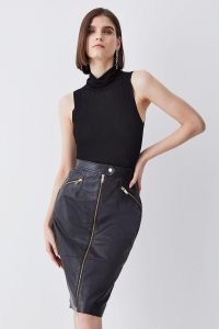 KAREN MILLEN Leather & Ponte Zip Through Pencil Skirt in Black ~ women’s biker inspired skirts