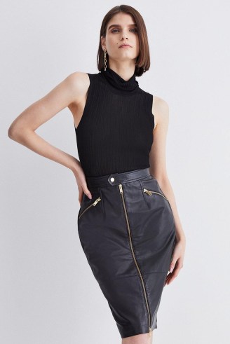 KAREN MILLEN Leather & Ponte Zip Through Pencil Skirt in Black ~ women’s biker inspired skirts - flipped