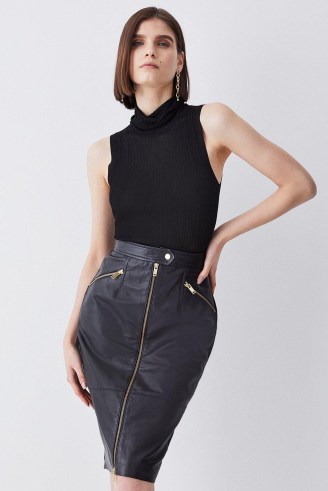 KAREN MILLEN Leather & Ponte Zip Through Pencil Skirt in Black ~ women’s biker inspired skirts