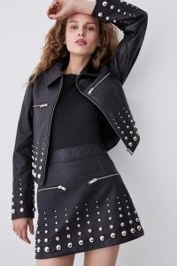 KAREN MILLEN Leather Graduate Dome Stud Zip Through Biker Jacket in Black ~ women’s studded jackets