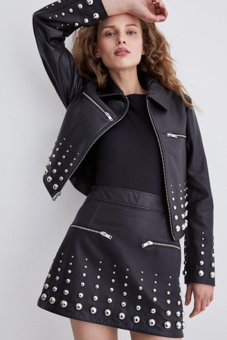 KAREN MILLEN Leather Graduate Dome Stud Zip Through Biker Jacket in Black ~ women’s studded jackets - flipped