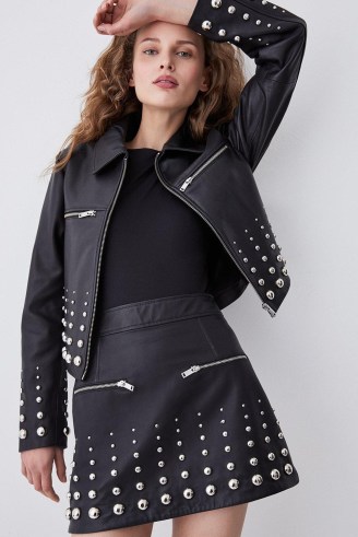 KAREN MILLEN Leather Graduate Dome Stud Zip Through Biker Jacket in Black ~ women’s studded jackets
