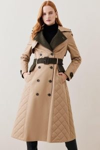 Lydia Millen Cotton Heritage Tweed Mix Trench Coat in Camel ~ women’s classic belted coats ~ quilted panel detail