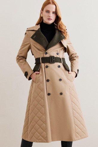 Lydia Millen Cotton Heritage Tweed Mix Trench Coat in Camel ~ women’s classic belted coats ~ quilted panel detail - flipped