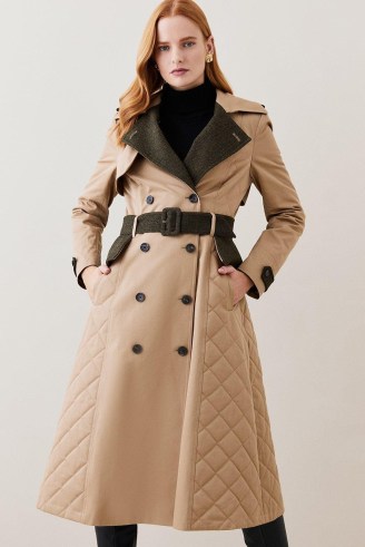 Lydia Millen Cotton Heritage Tweed Mix Trench Coat in Camel ~ women’s classic belted coats ~ quilted panel detail