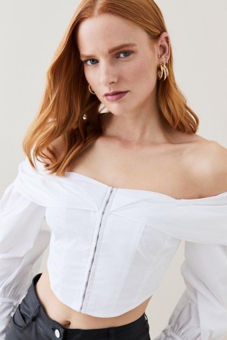 Lydia Millen Draped Shoulder Poplin Woven Blouse in White | balloon sleeve corset blouses | cropped fitted bodice bardot tops