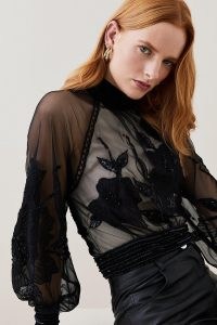 Lydia Millen Floral Applique Woven Blouse in Black ~ semi sheer long sleeve high neck blouses ~ feminine balloon sleeved tops