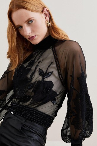 Lydia Millen Floral Applique Woven Blouse in Black ~ semi sheer long sleeve high neck blouses ~ feminine balloon sleeved tops - flipped