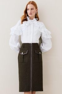 Lydia Millen Heritage Tweed Belted Pencil Skirt Dark Green | front zip detail skirts | flap pockets | Women’s clothes from karen Millen