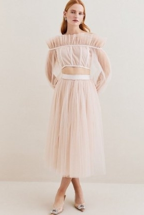 Lydia Millen Tulle Woven Maxi Skirt in Neutral – women’s sheer net overlay occasion skirts – Karen Millen party clothes