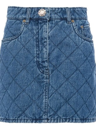 Miu Miu diamond quilted denim miniskirt ~ womens blue designer mini skirts ~ crystal embellished button - flipped