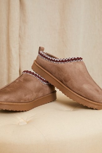 IN THE STYLE MOCHA AZTEC FAUX SUEDE SHOE ~ light brown clog style shoes ~ casual flat mules - flipped