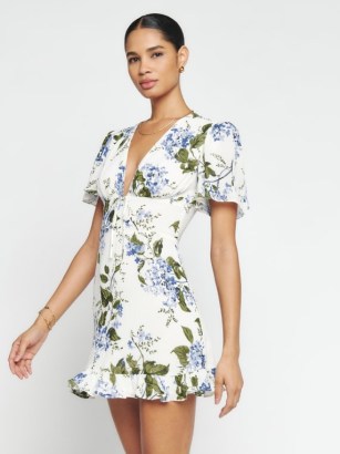 Reformation Mya Dress in Riviera | deep V-neck ruffle hem mini dresses | short flutter sleeved frock | feminine floral fashion | plunge front neckline clothes