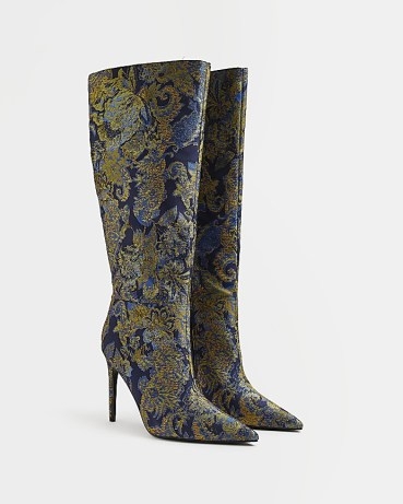 RIVER ISLAND NAVY FLORAL JACQUARD HEELED KNEE HIGH BOOTS - flipped
