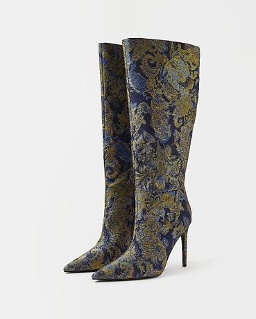 RIVER ISLAND NAVY FLORAL JACQUARD HEELED KNEE HIGH BOOTS