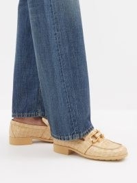 BOTTEGA VENETA Madame patent crocodile-effect leather loafers in cream ~ womens luxe loafer shoes ~ women’s luxury glossy croc look footwear