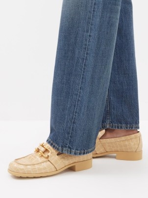 BOTTEGA VENETA Madame patent crocodile-effect leather loafers in cream ~ womens luxe loafer shoes ~ women’s luxury glossy croc look footwear - flipped