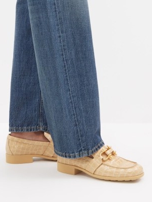 BOTTEGA VENETA Madame patent crocodile-effect leather loafers in cream ~ womens luxe loafer shoes ~ women’s luxury glossy croc look footwear