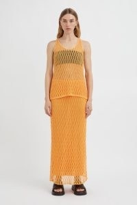 CAMILLA AND MARC Nova Knit Maxi Skirt in Apricot Orange – knitted sheer overlay column maxi skirts