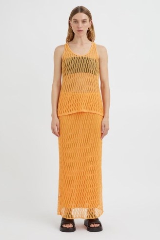 CAMILLA AND MARC Nova Knit Maxi Skirt in Apricot Orange – knitted sheer overlay column maxi skirts