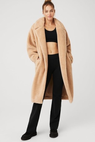 alo yoga OVERSIZED SHERPA TRENCH in CAMEL ~ luxe textured light brown coats ~ faux shearling fur outerwear - flipped