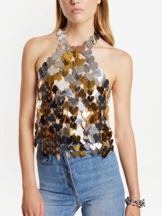 Paco Rabanne heart-paillettes metallic halterneck top gold tone/silver tone – mirrored hearts – glamorous evening fashion - flipped