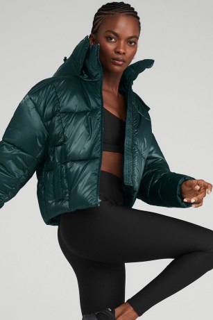 alo yoga PEARLIZED PRISTINE PUFFER in MIDNIGHT GREEN ~ women’s padded jackets - flipped