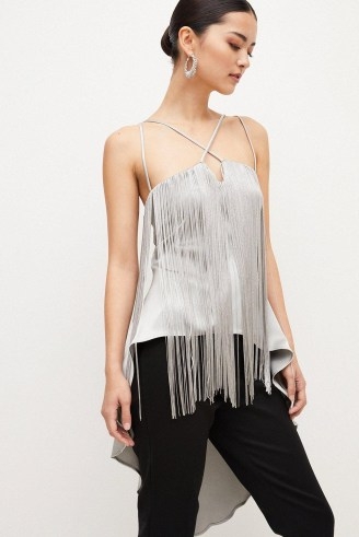 KAREN MILLEN Petite Satin & Fringe High Low Cami Top Silver – strappy fringed dip hem camisole tops – evening occasion camisoles - flipped