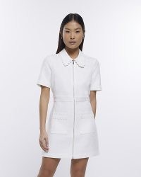 RIVER ISLAND PETITE WHITE BOUCLE ZIP UP SHIFT MINI DRESS ~ chic tweed style dresses