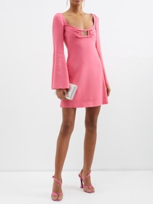 GIAMBATTISTA VALLI Bow-appliqué flared-sleeve crepe mini dress in pink – front cut out occasion dresses – ruched bust detail