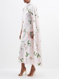 RODARTE Caped floral-print silk-satin midi dress in pink ~ romantic occasion dresses with capes ~ women’s silky fluid event clothes ~ luxe fashion