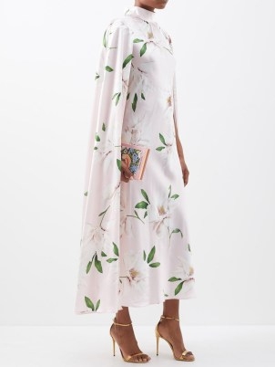 RODARTE Caped floral-print silk-satin midi dress in pink ~ romantic occasion dresses with capes ~ women’s silky fluid event clothes ~ luxe fashion - flipped