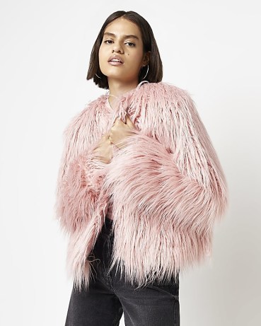 RIVER ISLAND PINK FAUX FUR COAT – shaggy retro style jackets – on-trend winter coats - flipped