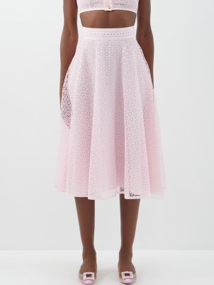 GIAMBATTISTA VALLI Floral-macramé midi skirt in pink / sheer overlay skirts - flipped