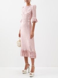 THE VAMPIRE’S WIFE The Falconetti ruffled metallic silk-blend dress in pink – shimmering luxe occasion dresses – ruffle hemline – puff sleeve event clothes