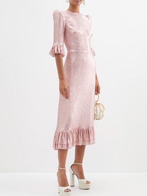 THE VAMPIRE’S WIFE The Falconetti ruffled metallic silk-blend dress in pink – shimmering luxe occasion dresses – ruffle hemline – puff sleeve event clothes - flipped
