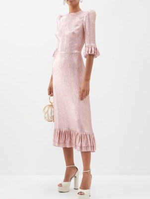 THE VAMPIRE’S WIFE The Falconetti ruffled metallic silk-blend dress in pink – shimmering luxe occasion dresses – ruffle hemline – puff sleeve event clothes