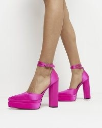 RIVER ISLAND PINK PLATFORM HEELED SHOES ~ block heel double ankle strap platforms ~ hot colour high heels