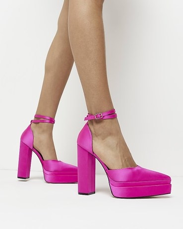 RIVER ISLAND PINK PLATFORM HEELED SHOES ~ block heel double ankle strap platforms ~ hot colour high heels - flipped