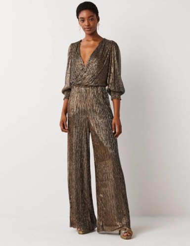 Boden Plisse Palazzo Jumpsuit in Gold, Black Lurex | women’s metallic jumpsuits | womens all-in-one party fashion - flipped