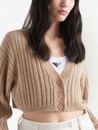 Prada cashmere rhinestones-embellished cardigan in camel brown | cropped rhinestone covered cardigans | womens designer knitwear
