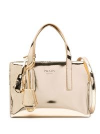Prada Re-Edition 1995 metallic tote bag in gold tone ~ small designer top handle bags ~ luxe shiny leather handbags