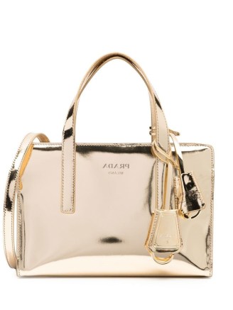 Prada Re-Edition 1995 metallic tote bag in gold tone ~ small designer top handle bags ~ luxe shiny leather handbags - flipped