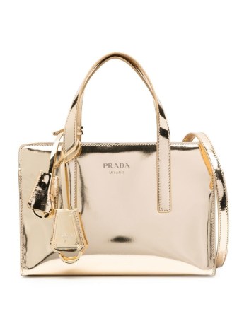Prada Re-Edition 1995 metallic tote bag in gold tone ~ small designer top handle bags ~ luxe shiny leather handbags