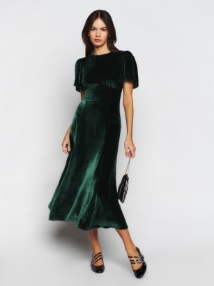 Reformation Quinne Velvet Dress in Forest ~ luxe green fitted empire waist dresses ~ plush fashion - flipped